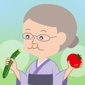 トマトときゅうりを持ってるおばあちゃん