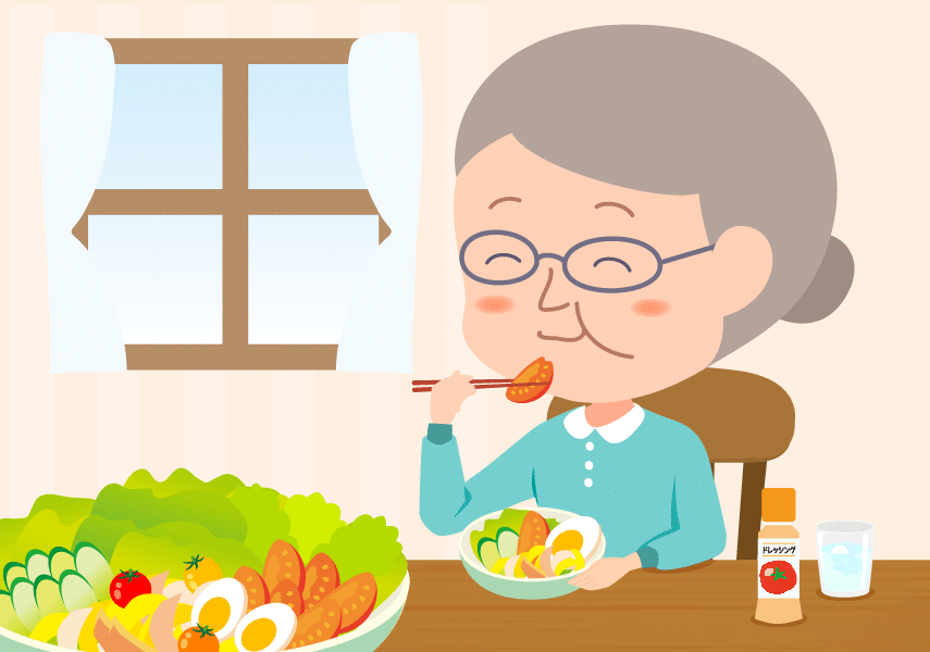 サラダをほおばるおばあちゃん